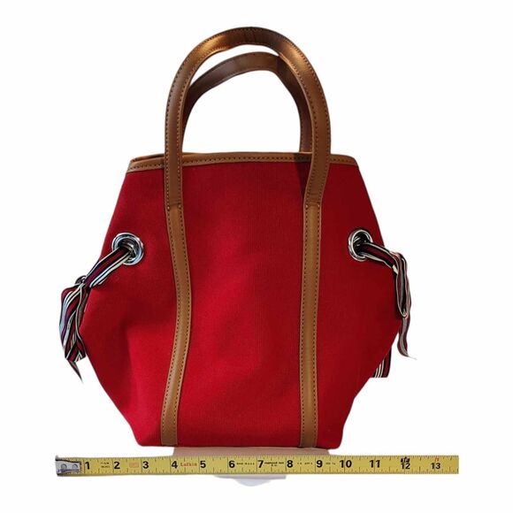 TALBOTS Red Canvas Abstract Scarf Print Design Top Handle Tote Bucket Bag EUC - Picture 14 of 15